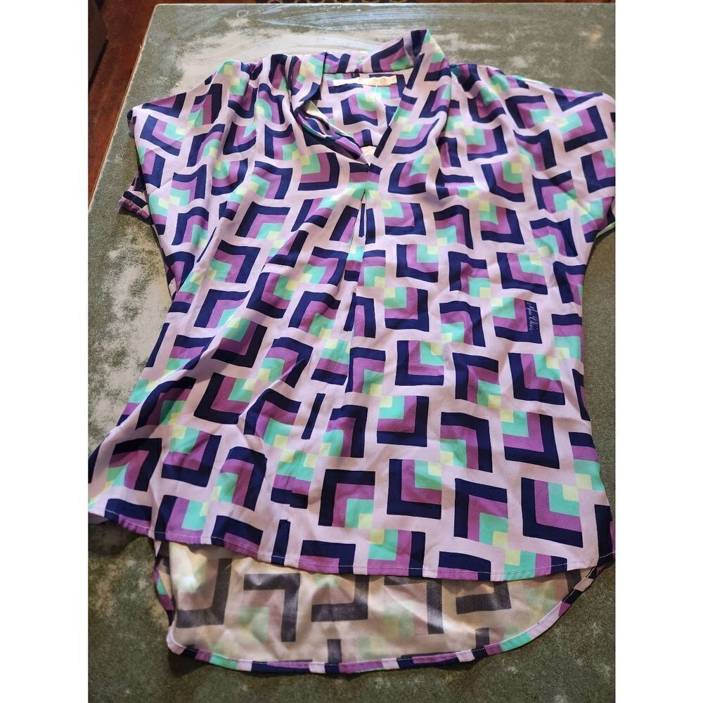 Marie Oliver purple,blue&white silk blouse sz XS